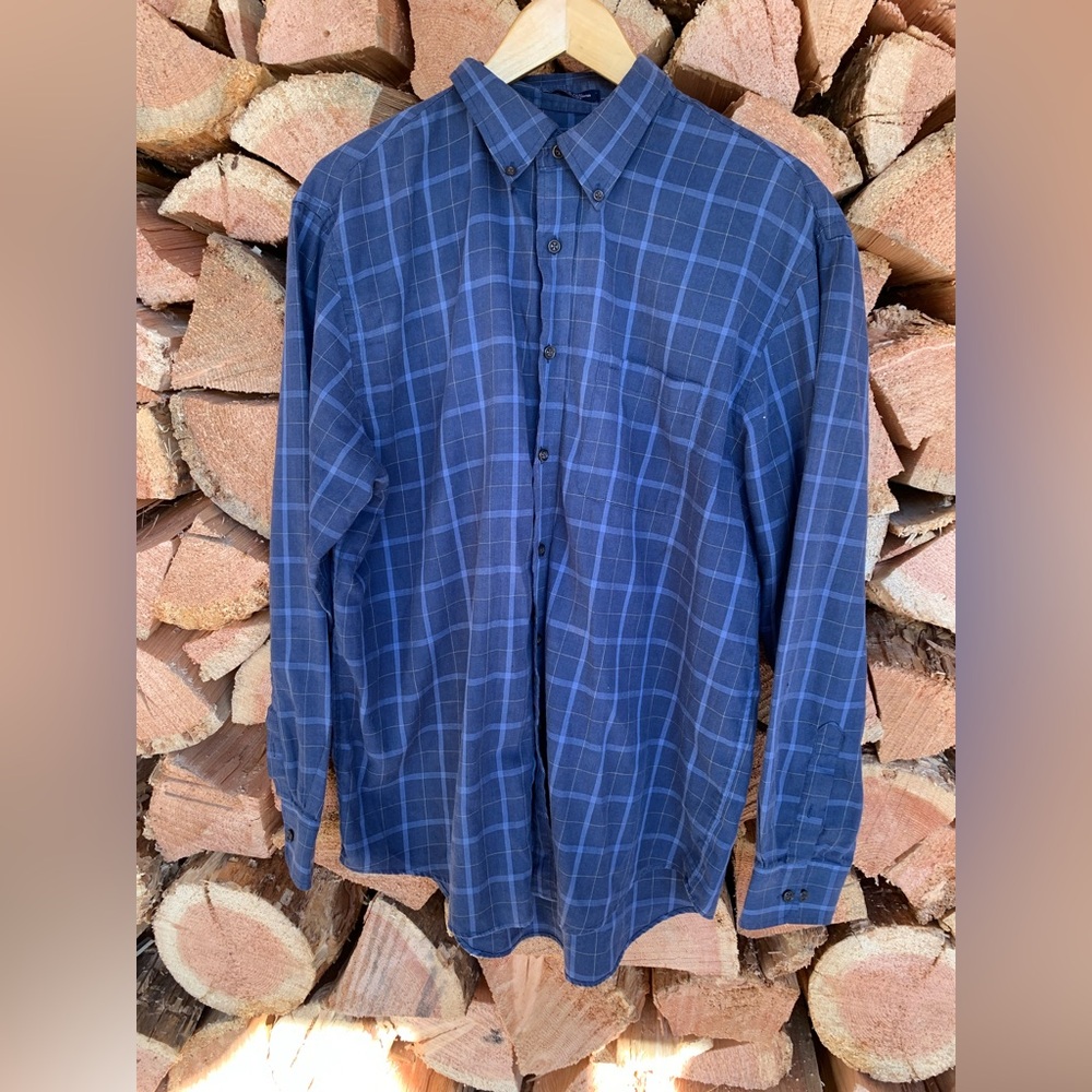 Arrow‎ Blue Plaid Men's Large Long Sleeve Button Up Shirt Heritage Twill Cotton
